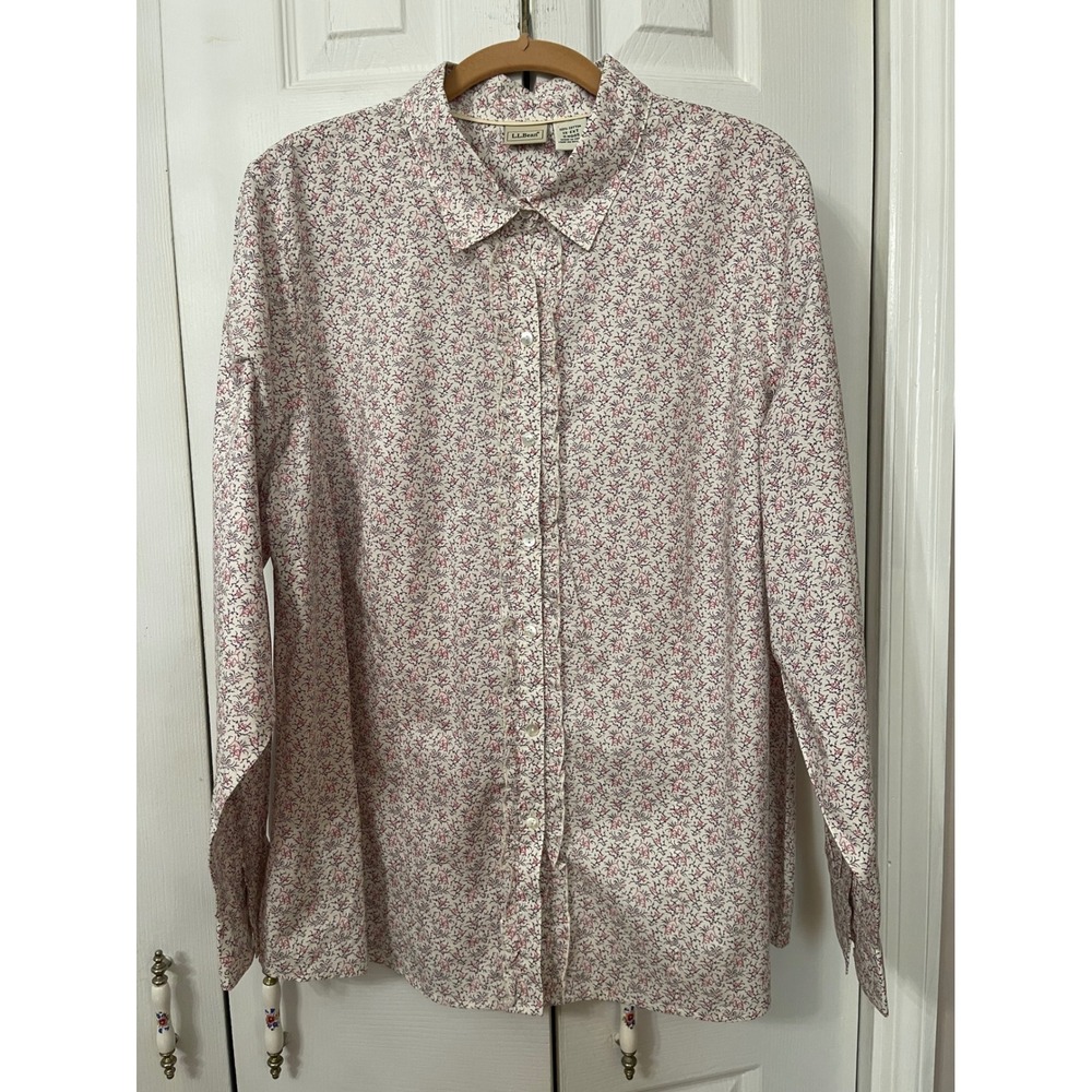 LL Bean Womens 1X-EXT Ruffle Front Button Down Shirt Floral Dog Print Cotton